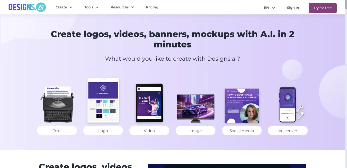 Designs.ai homepage