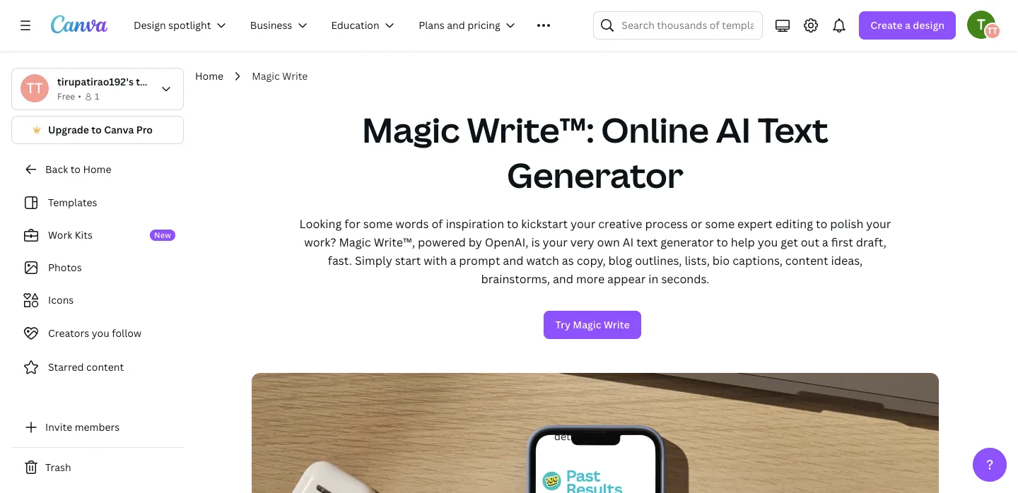 Canva Magic Write homepage