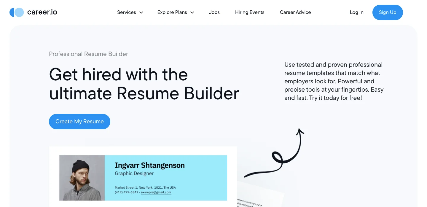 Career.io Resume Builder homepage