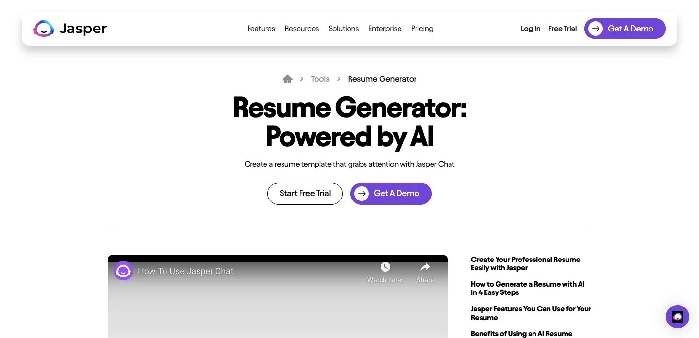 JasperAI Resume Generator homepage