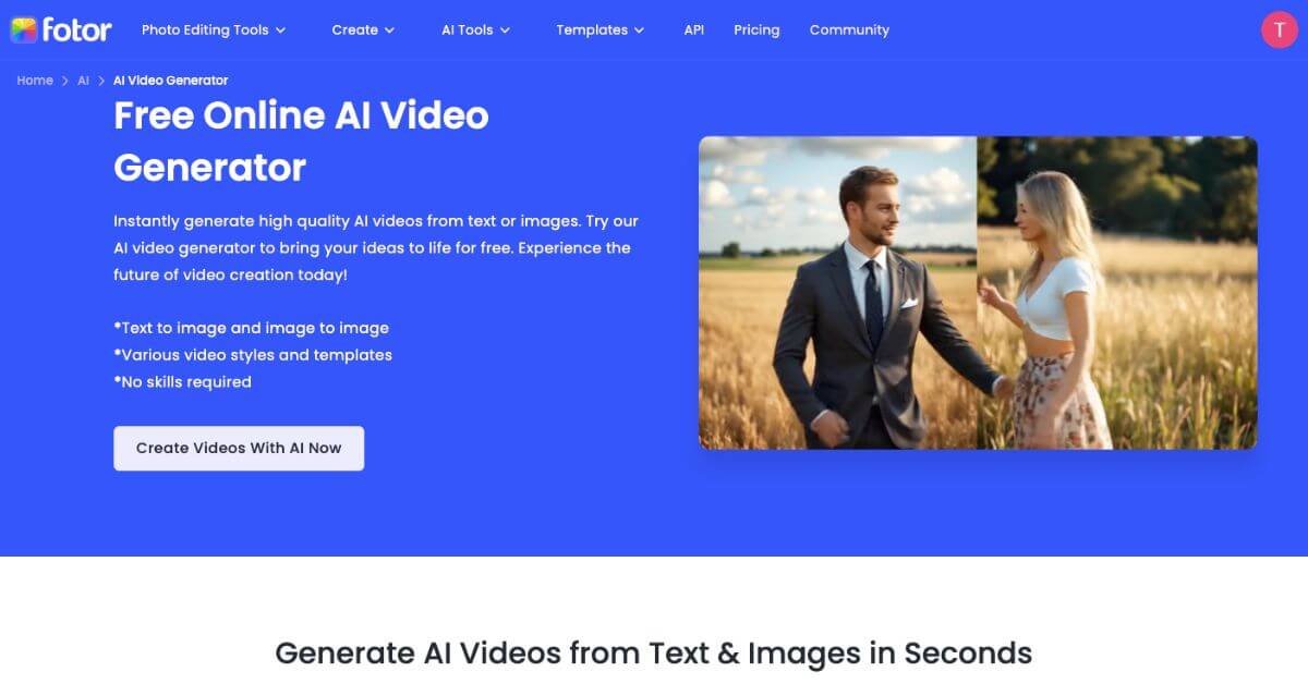 Fotor Free AI Video Generator webpage