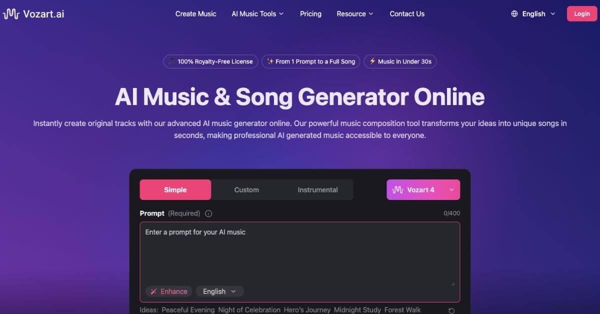 Vozart AI webpage