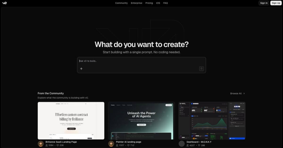 v0 by Vercel webpage