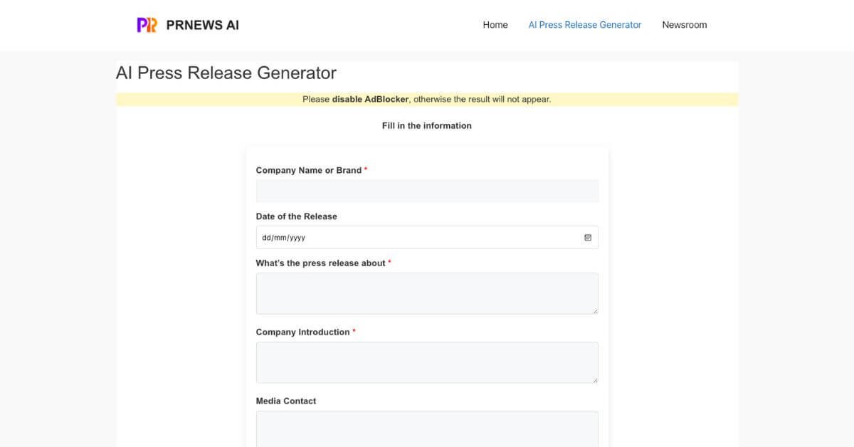 PRNEWS.AI webpage