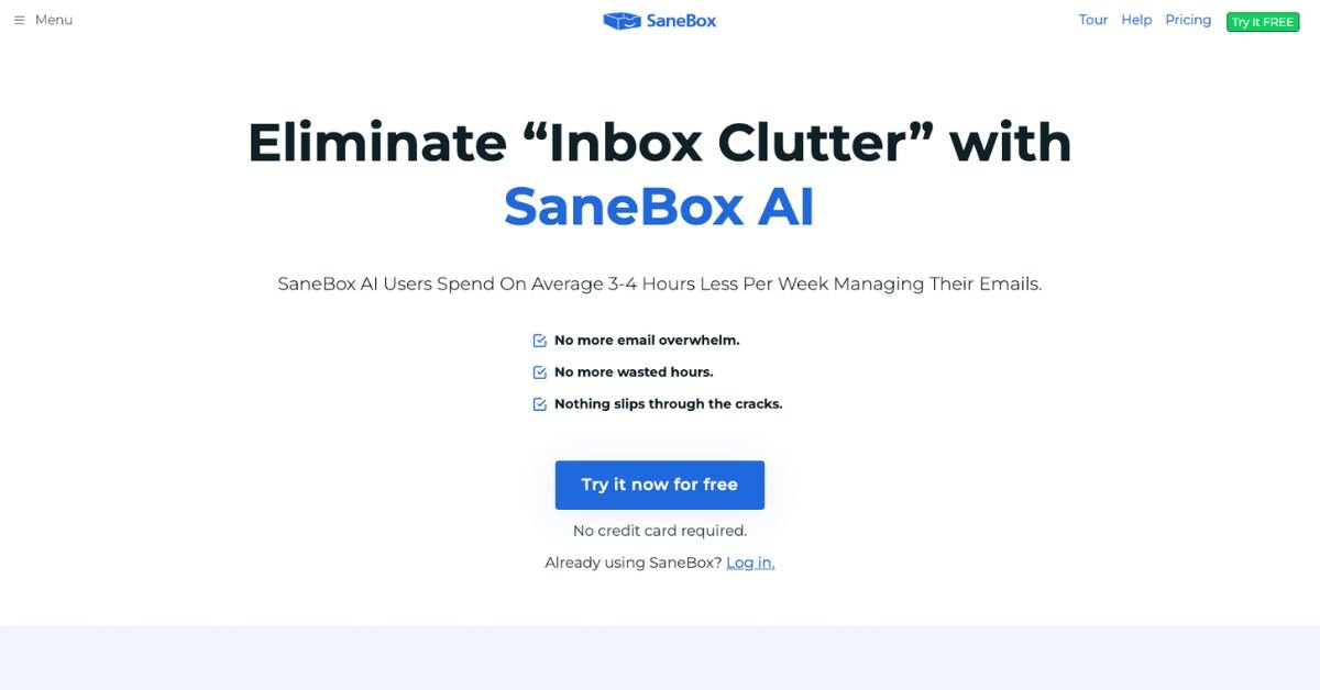 SaneBox AI webpage