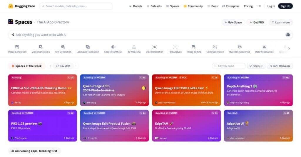 Hugging Face Spaces webpage