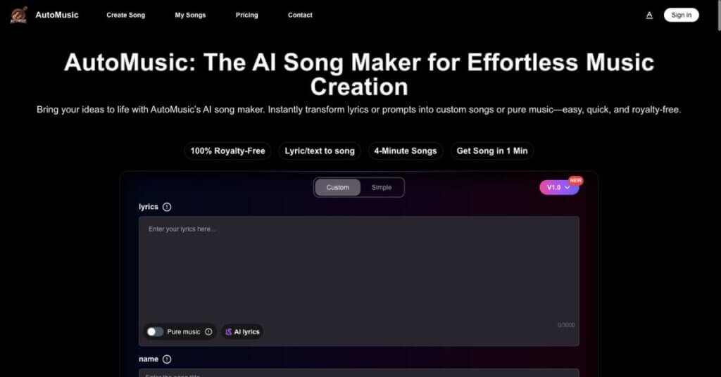 AutoMusic webpage